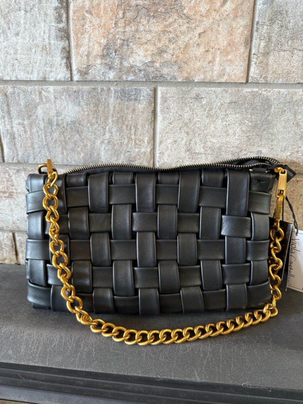 Viola Castellani Black Woven Leather Shoulder Bag with Gold Chain